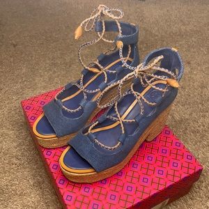 Tory Burch Blue Denim Lace-Up Espadrille Platform